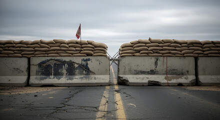 Concrete barriers topped with sandbags block a road under a cloudy sky, symbolizing conflict and restriction in a desolate landscape, creating a somber mood.