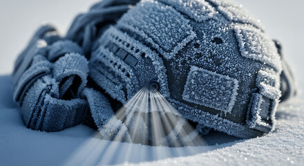Damaged robot head lies abandoned in snowy landscape, covered in frost, symbolizing technological decay and dystopian future.