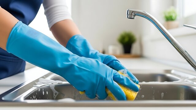 Gloves washing a kitchen sink, fostering a clean space. This foundational work prepares fertile soil, ensuring seeds of hygiene and domestic harmony take root in the home