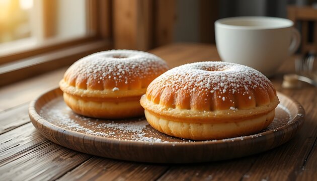 Two delicious powdered sugar donuts on a wooden plate with coffee. Two syrniki 