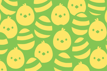 Fototapeta premium Easter eggs and baby chicks repeating pattern on green background