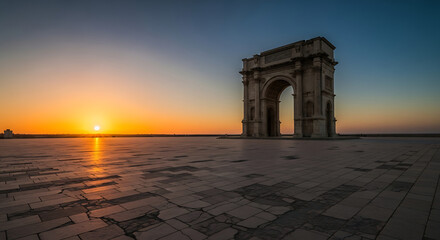 Ancient arch stands majestically against the vibrant sunset sky in a historic european city, creating a serene and timeless atmosphere.