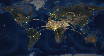 Global network connecting continents with glowing lines on a world map at night, symbolizing international communication and connectivity, creating a sense of interconnectedness.