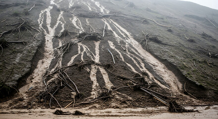 Mud flows down deforested mountain slope after heavy rainfall, causing erosion and environmental damage in a desolate landscape, showcasing the impact of deforestation.