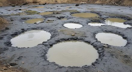 Rain filled potholes create a muddy landscape in a construction site after heavy rainfall, showcasing the challenging conditions and stagnant water puddles.