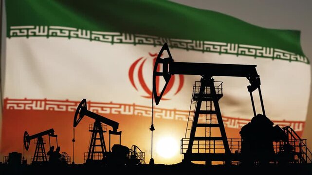 Silhouetted oil pumps against the iranian flag depict the tense us-iran crude oil crisis.