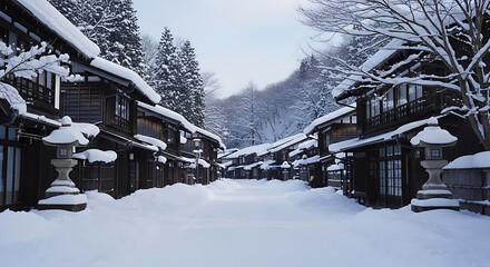 Snowy village street reveals traditional Japanese architecture during a heavy snowfall in winter, creating a serene and peaceful atmosphere.