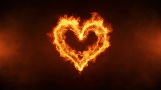 Burning fire heart with flames and smoke