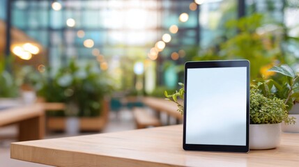 Fototapeta premium Digital tablet with blank screen standing on wooden table in a cafe with blurred green plants and bokeh lights