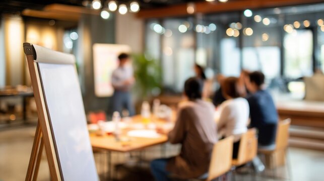 Business meeting blur background with people attending a presentation in a modern office setup