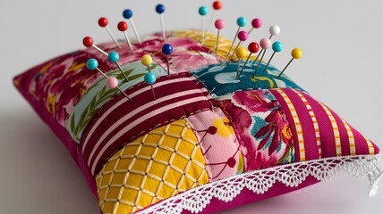 Obraz premium Decorative fabric pincushion with multicolor pins inserted densely showcasing tailoring equipment for sewing quilting embroidery and home craft studio supplies