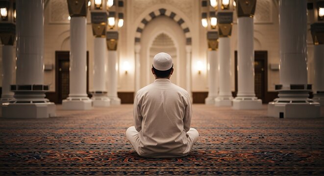 A devoted Muslim man in traditional attire sits in profound prayer within a majestic mosque, seeking spiritual connection