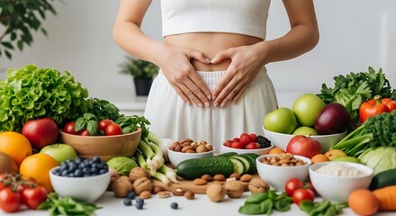 Promoting Gut Health Hands form heart over stomach, surrounded by fresh, natural foods for overall wellness
