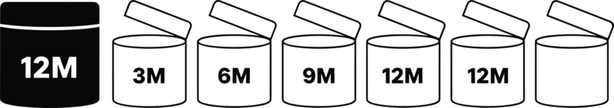 Cosmetic packaging period after opening icons set showing 3M 6M 9M 12M symbols vector illustration minimal outline design
