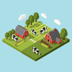 Isometric illustration of a farm with cows and red barns. © Agus