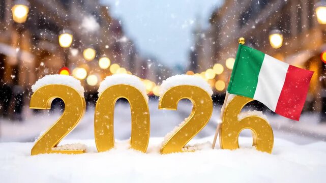 Golden 2026 numbers with an italian flag in the snow on a blurred city street at night