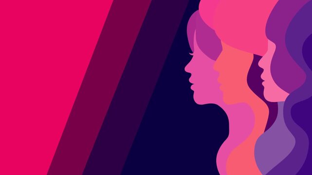 Stylish footage showing layered female side profiles in bold pink and purple tones, symbolizing empowerment, diversity, and unity. Perfect for Women&rsquo;s Day themes, social campaigns, equality messages