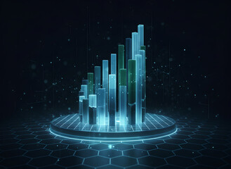 An abstract 3D graphic featuring translucent blue and green vertical bar charts rising from a glowing circular pedestal. Set against a dark, futuristic background with digital network particles.