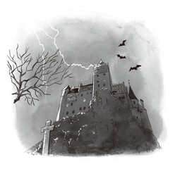 水彩絵の具、手で描いたルーマニアのブラン城、ドラキュラ城のベクターイラスト