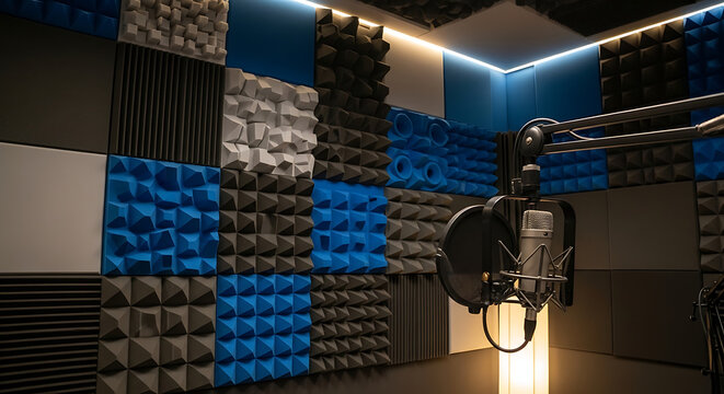 Professional studio microphone ready for recording in a soundproofed room.