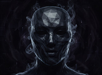 An abstract digital artwork featuring a low-poly geometric mask in shadowy black tones, enveloped in ethereal wisps of smoke against a dark background. 