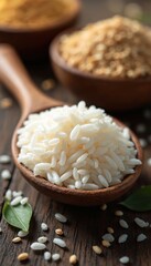 Wooden spoon holds white rice grains. Close up shows assorted uncooked grains in bowls. Natural food preparation for healthy meals and cooking.