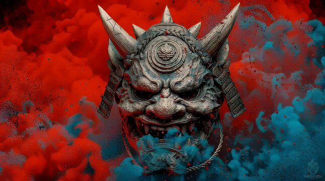 Menacing Oni mask floats amidst swirling red and blue smoke clouds.