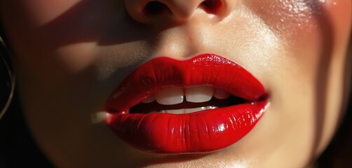Obraz premium Woman red lips closeup with sunlight shadows. Glossy makeup detail shows perfect teeth and mouth shape. Beauty shot, sensual expression, fashion look, skin texture.