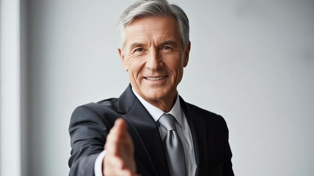 Confident Older Businessman in Suit Gesturing.