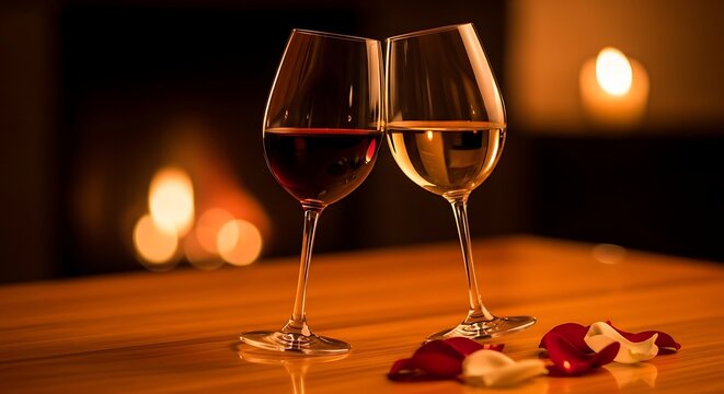 Romantic evening scene with wine glasses on a wooden table by the fireplace