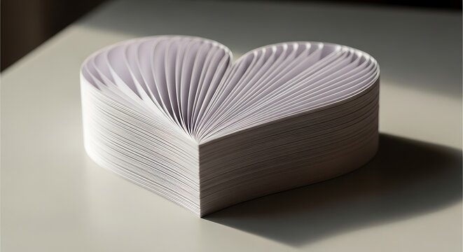 A heart-shaped stack of white papers on a gray surface viewed from a slight angle with soft lighting.