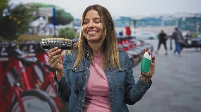 Woman holds toothpaste bottle and dental whitening shade guide, smiling to show teeth while comparing shades in a studio; product comparison confidence.