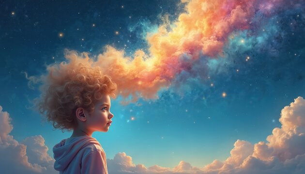 Child dreams looking at colorful sky with stars. Curly hair kid imagines cosmos with clouds and galaxy. Night sky inspires wonder and creativity. Future hope and imagination.