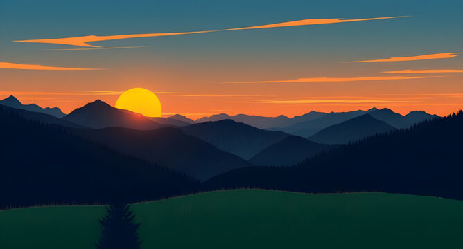 sunset, mountains, hills, peaks, ridge, landscape, nature, sky, clouds, horizon, dusk, twilight, glow, light, warm, golden, orange, pink, blue, gradient, calm, peaceful, scenic, cartoon, illustration,