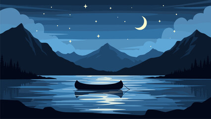 Tranquil night landscape with canoe on a reflective lake, mountains, crescent moon, and stars