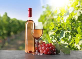 Naklejka premium Wine and fresh grapes on table. Glass and bottle in vineyard