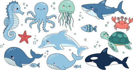 Cute Ocean Animal Vector Illustration Set with Whale, Dolphin, Shark, Octopus, Jellyfish, Turtle, Crab, and Sea Creatures for Kids Designs © Minara