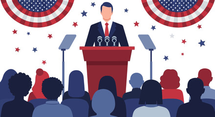 Fototapeta premium Illustration of a man in a suit making a speech at a podium with microphones, surrounded by an audience and American flag decorations, celebrating Presidents Day in the USA.