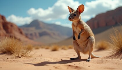 Kangaroo rat stands on sand dune in dry desert. Small mammal with large ears looks around. Arid landscape with sparse grass and rocky hills.