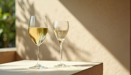 Fototapeta premium Two glasses of white wine rest on table in bright sunlight. Shadows from plants fall across neutral wall. Scene suggests relaxation, modern, chic atmosphere perfect for lifestyle or beverage content.
