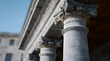 Classical stone columns on historic building facade, low perspective architectural detail with shallow focus, timeless civic heritage mood for travel and culture themes