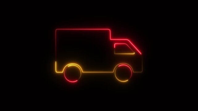 Neon lorry icon animation. Glowing shopping container truck motion. Delivery truck video footage.