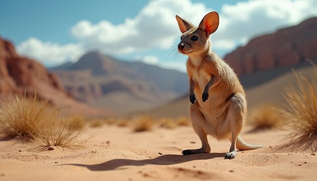 Kangaroo rat stands on sand dune in dry desert. Small mammal with large ears looks around. Arid landscape with sparse grass and rocky hills.