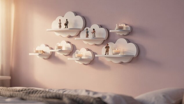 Soft pastel bedroom wall with cloud shelves and tiny figurines, cozy nursery decor and storage idea, dreamy whimsical mood for baby shower and new home