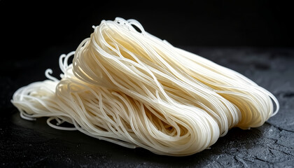Dry fermented rice noodles cascade against a dark background.