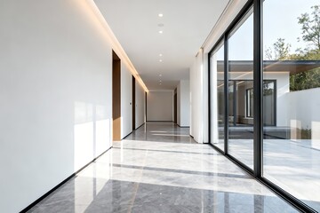 Fototapeta premium Generative AI Modern Minimalist Interior with Floor-to-Ceiling Windows and Bright Natural Light.