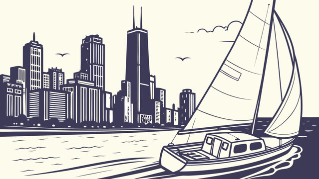 Chicago skyline with sailboat on lake michigan, perfect for travel brochures, city guides, website banners, and social media posts.