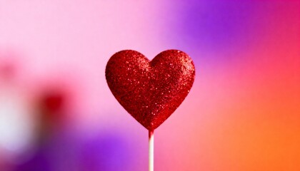 Fototapeta premium Love Background with Red Glitter Heart on Stick on Soft Pink Purple Gradient Background, Romantic Valentine’s Day Concept, Minimal Holiday Decoration with Copy Space.