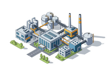 Obraz premium Modern industrial complex with interconnected buildings and pipelines, symbolizing manufacturing and production