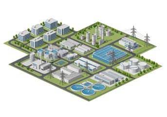 Isometric industrial complex with factories, manufacturing plants, and power lines depicted in a clean, modern illustration